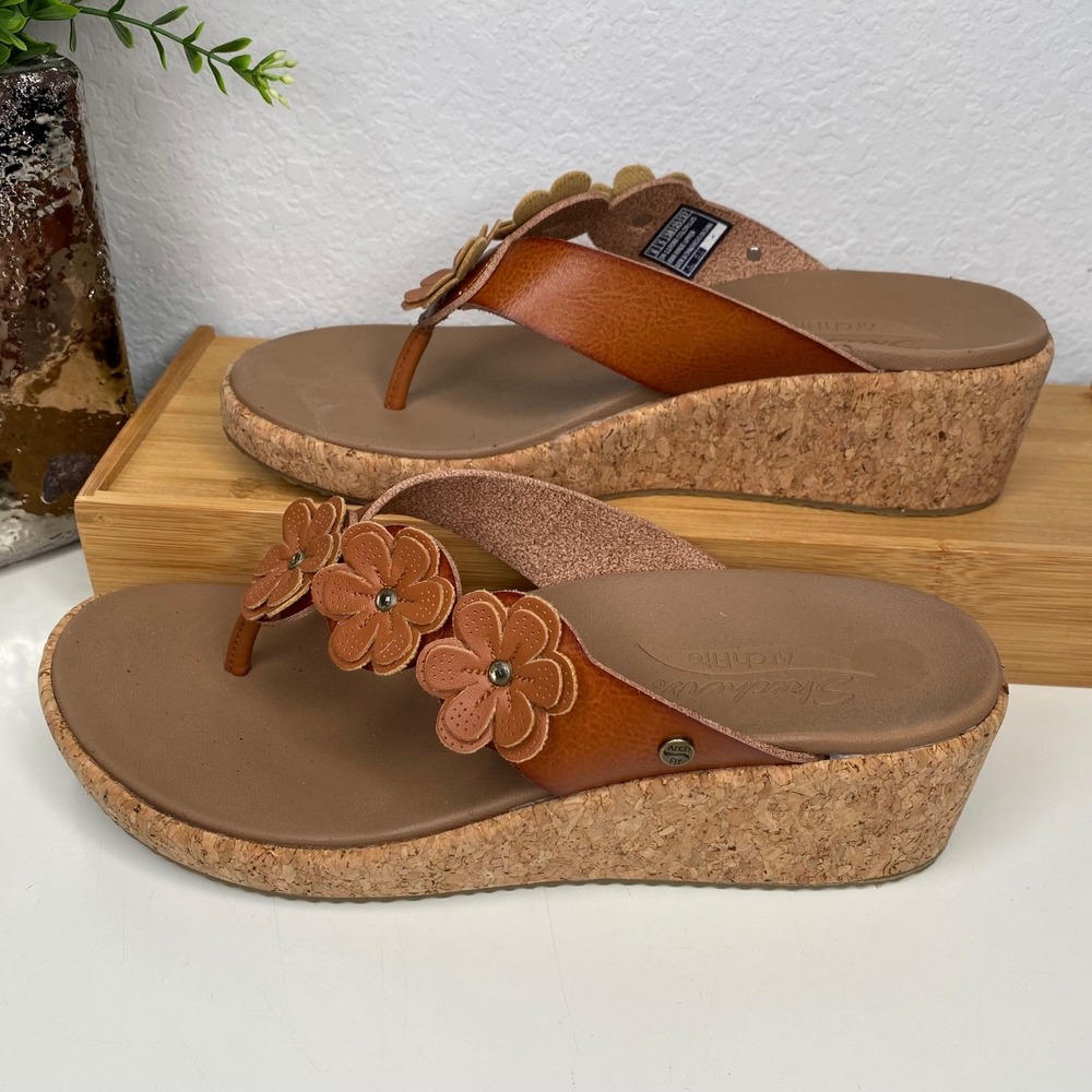 Skechers Cali Rare Blossom Wedge Sandals Brown Arch Fit Cork Flip Flops Size 8 - Picture 3 of 11